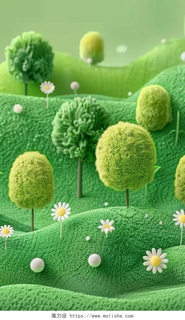 绿草地上的小雏菊花朵和绿树毛绒毛毡玩具AI